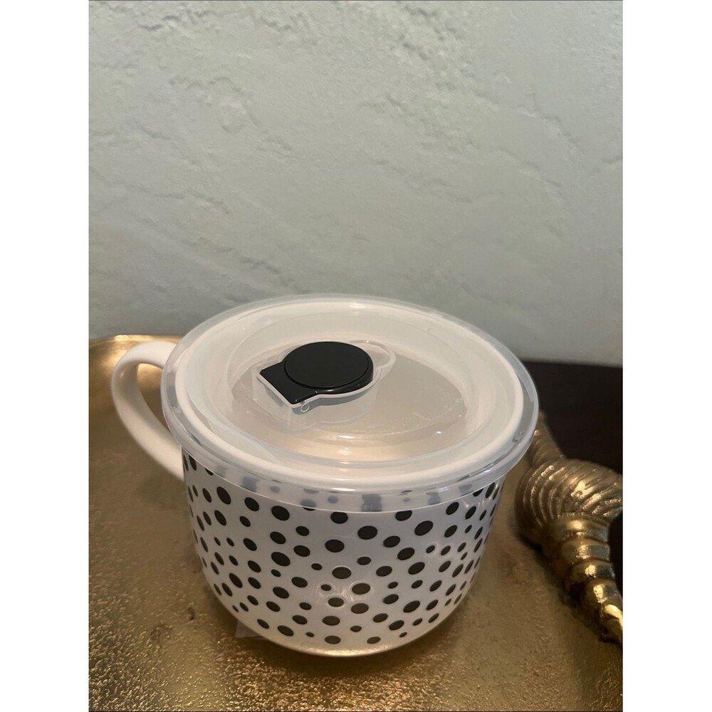 #2068* White Ceramic Polka Dot Mug with Lid - Black Dot Pattern